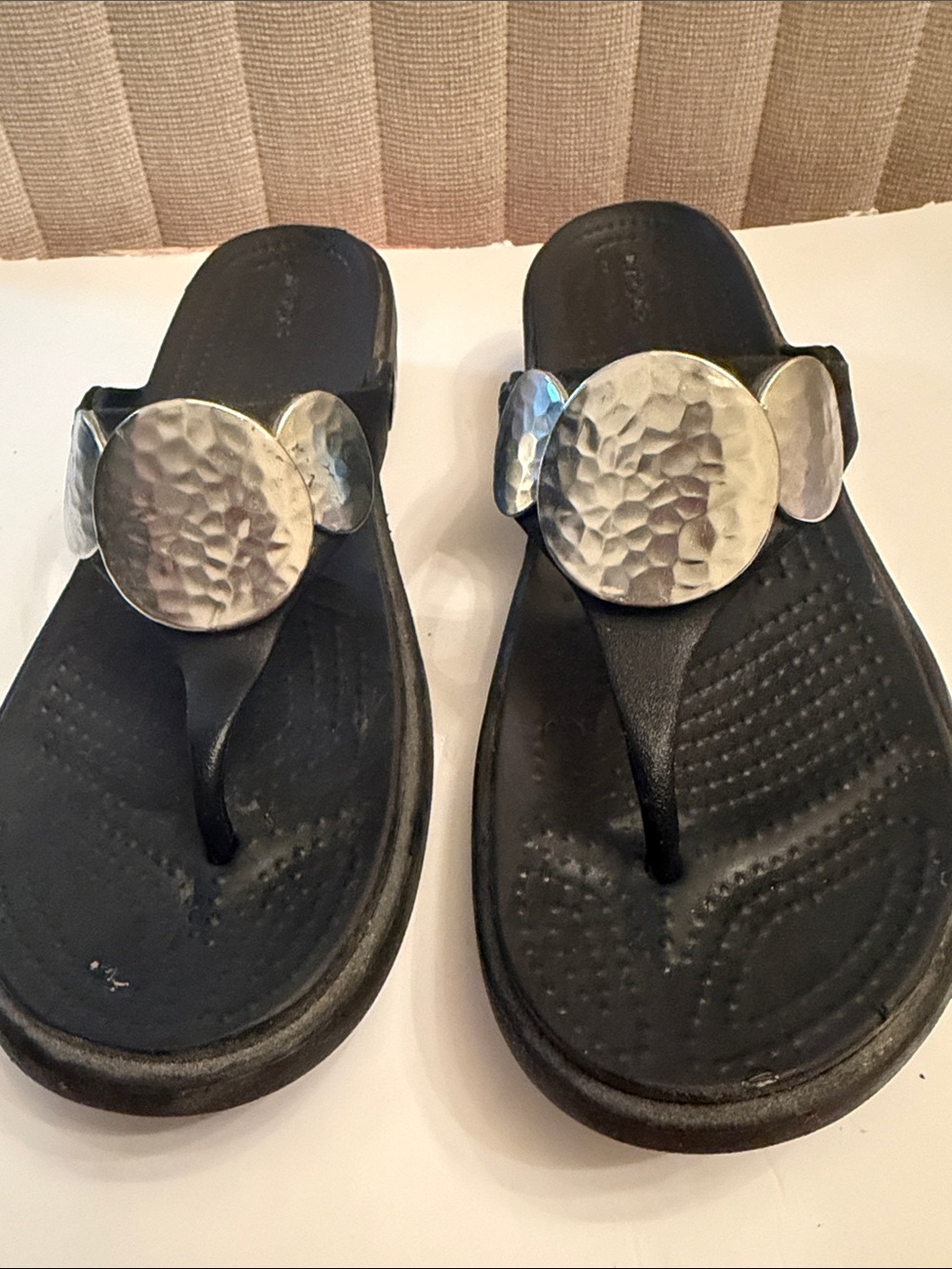 CROCS Black Thong Sandals with Hammered Silver Discs